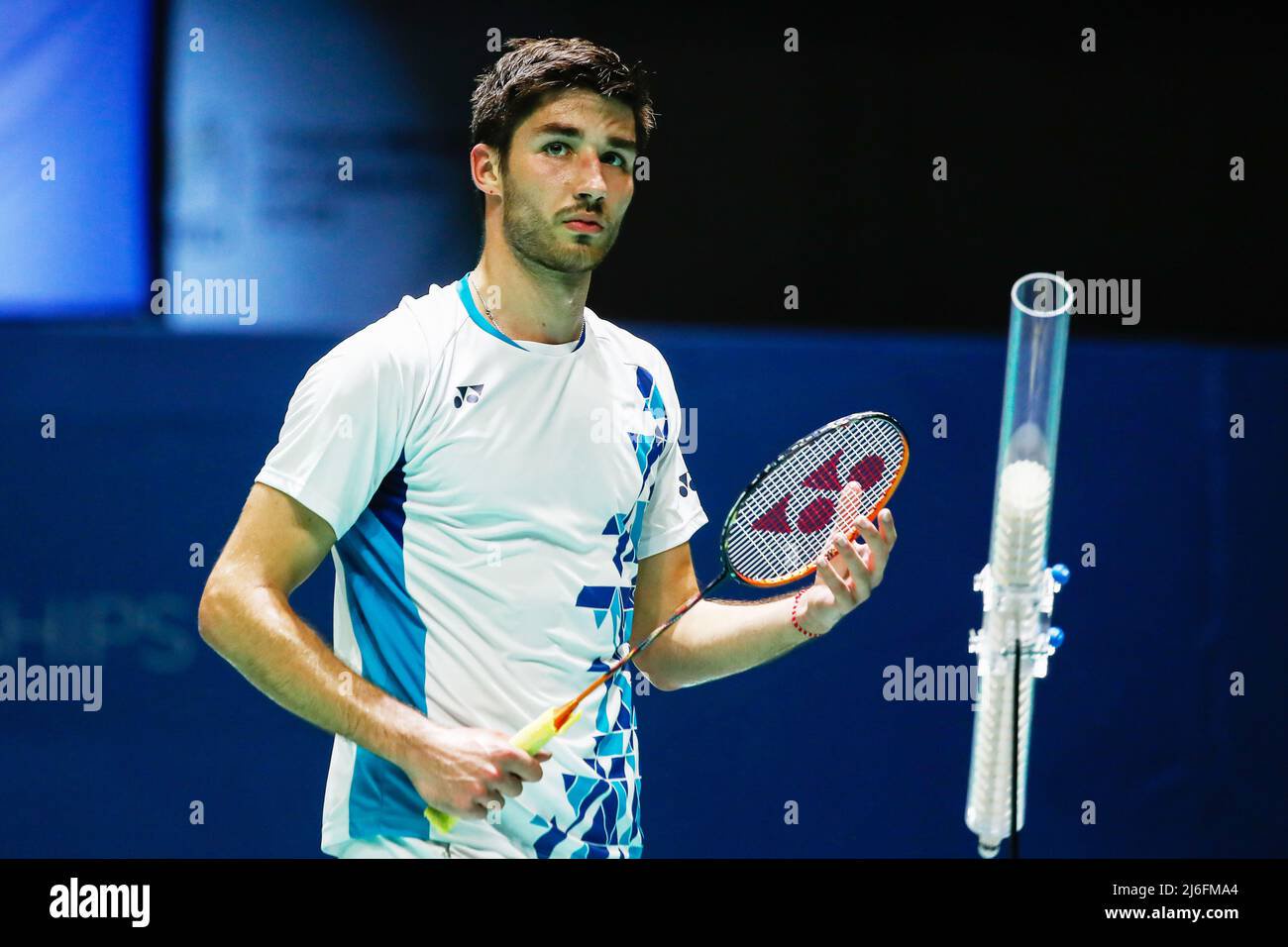 Toma junior popov from france semi during the european badminton championships on april at gallur sports center in madrid spa