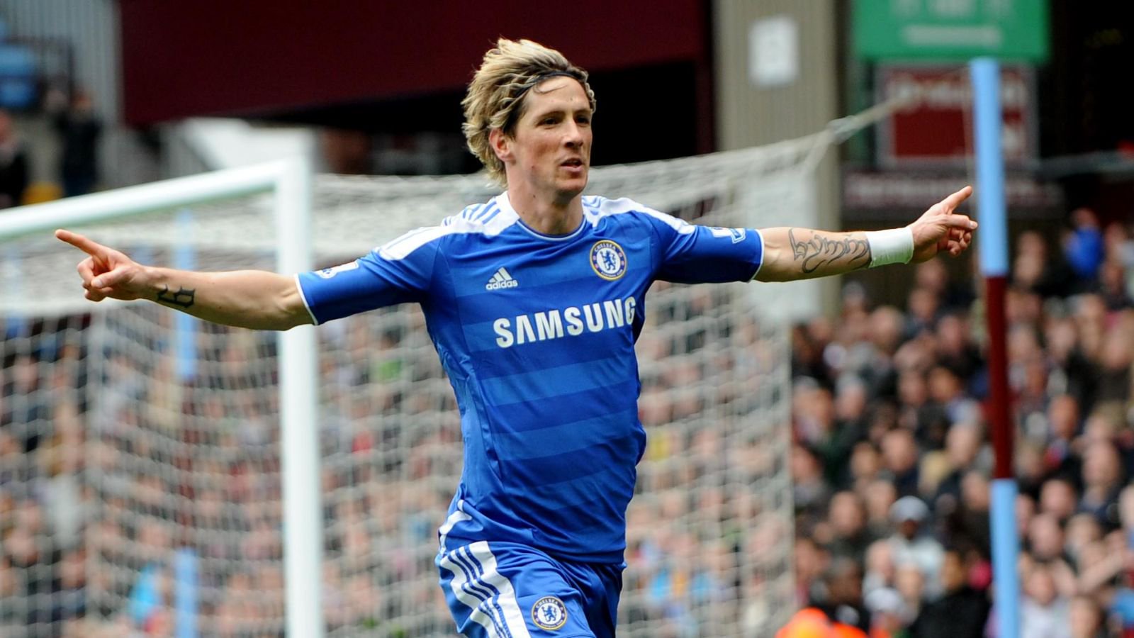 Chelsea number nine Fernando Torres celebrates scoring against Aston Villa in the Premier League game at Villa Park, Brimingham, 31 March 2012.