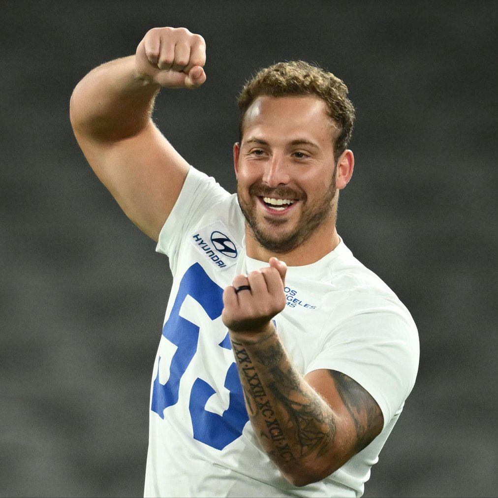 Nate Landman of the Los Angeles Rams during an NFL training session