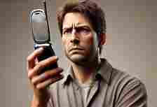 man looking frustrated at a flip-phone
