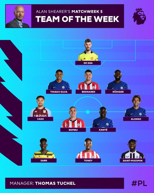 May be an image of one or more people and text that says "ALAN SHEARER'S MATCHWEEK 5 TEAM OF THE WEEK DE GEA THIAGO SILVA BEDNAREK RÜDIGER CAZOO CASH ROMEU ALONSO KANTÉ SARR TONEY SAINT-MAXIMIN MANAGER: THOMAS TUCHEL #PL"