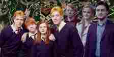 Collage of the Weasleys, Harry, Ron and Hermione, and the Black family tree in Harry Potter