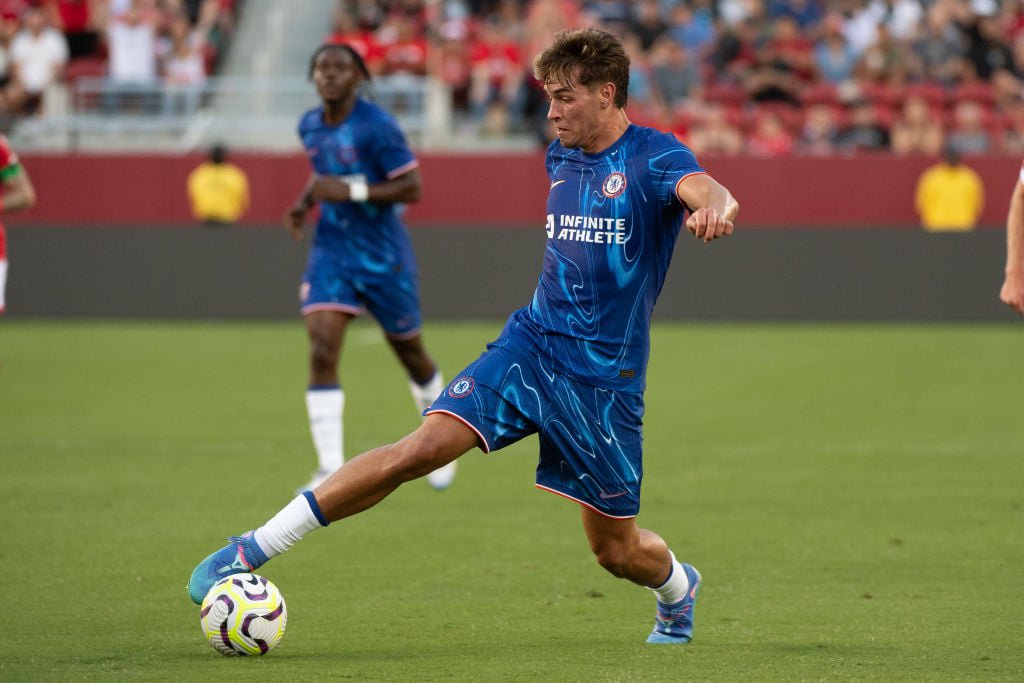 Marc Guiu #38 of Chelsea FC controls the ball at Levi's Stadium on July 24, 2024 in Santa Clara, California.