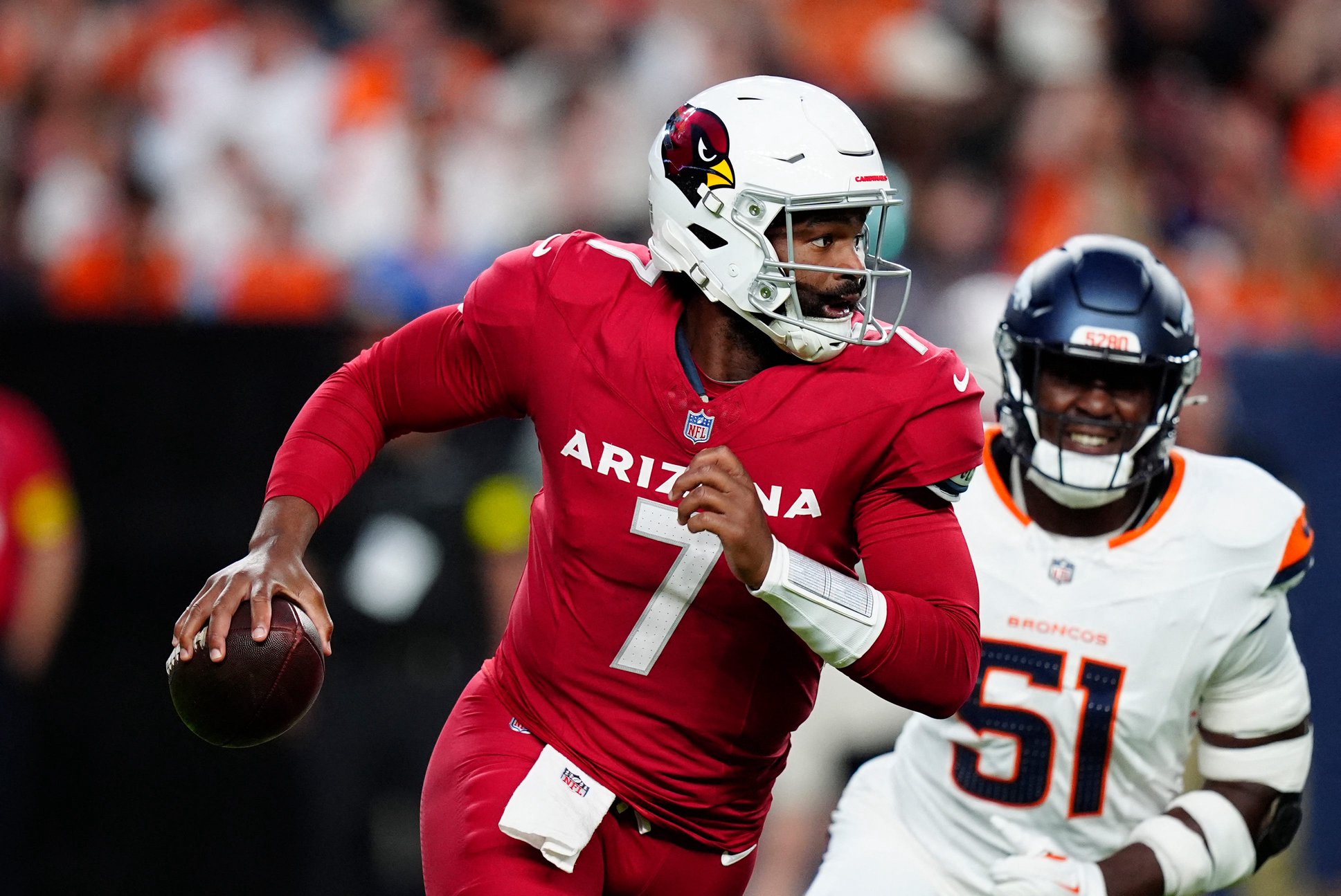 Aug 16, 2025; Denver, Colorado, USA; Arizona Cardinals quarterback Jacoby Brissett (7) during the first quarter against the Denver Broncos at Empower Field at Mile High. Mandatory Credit: Ron Chenoy-Imagn Images