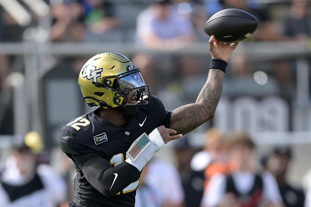 Central Florida quarterback Keyone Jenkins (12) throws a pass during the first half of an NCAA college football game against BYU, Saturday, Oct. 24, 2026, in Orlando, Fla. (AP Photo/Phelan M. Ebenhack)