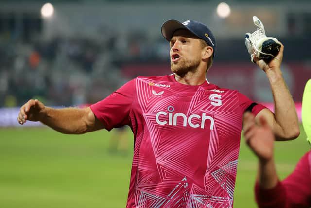 Shoes off if you've won the Blast! David Willey enjoys Saturday's win with the Shoe Army (Picture: Peter Short)