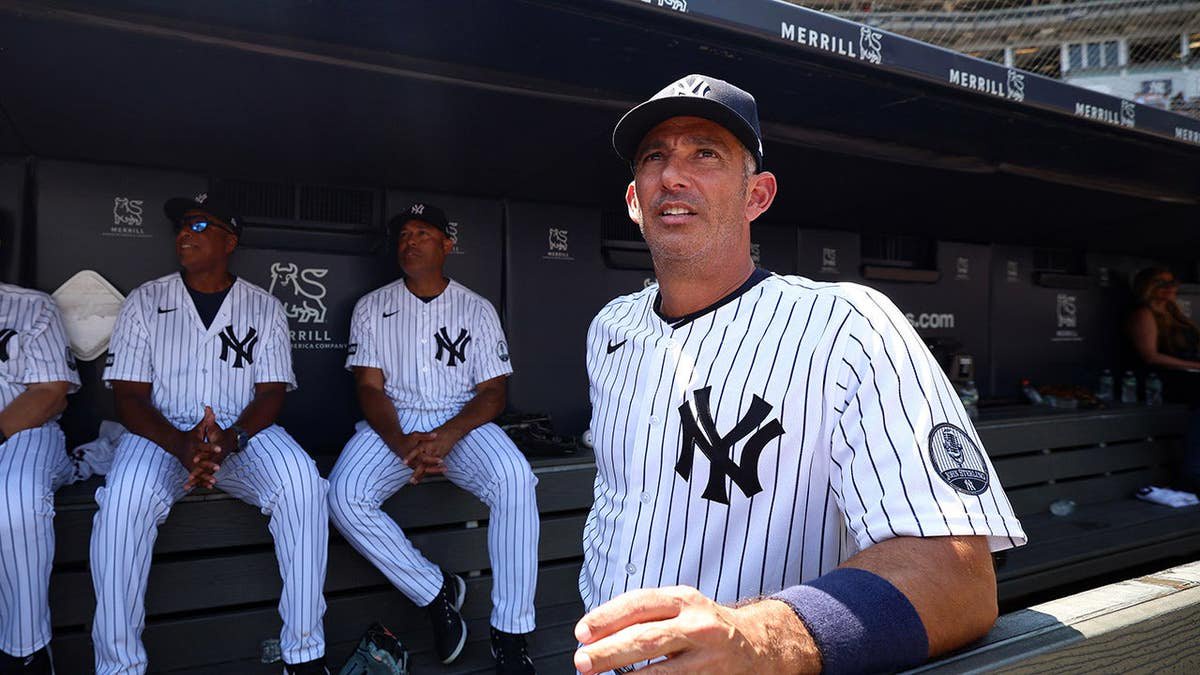 Jorge Posada looks on during Old Timers' Day at Yankee Stadium.