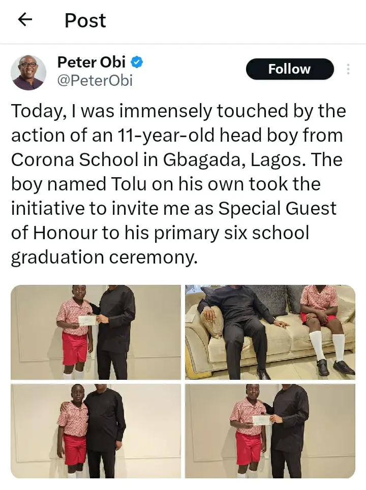 Peter Reacts After 11-Year-Old Invited Primary School Graduation Ceremony