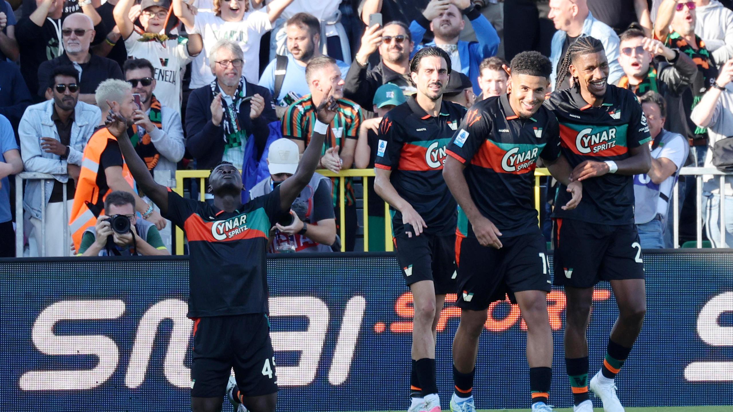 Venezia's Akor Adams celebrates after scoring during the Italian Serie A soccer match between Venezia FC and Napoli in Venice, Italy, Saturday, Oct. 17, 2026. (Paola Garbuio/LaPresse via AP)