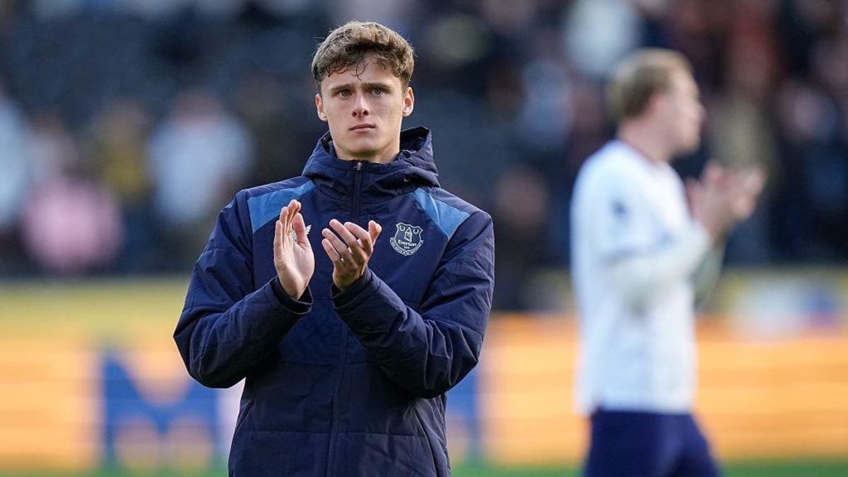 Harrison Armstrong of Everton applauds the fans