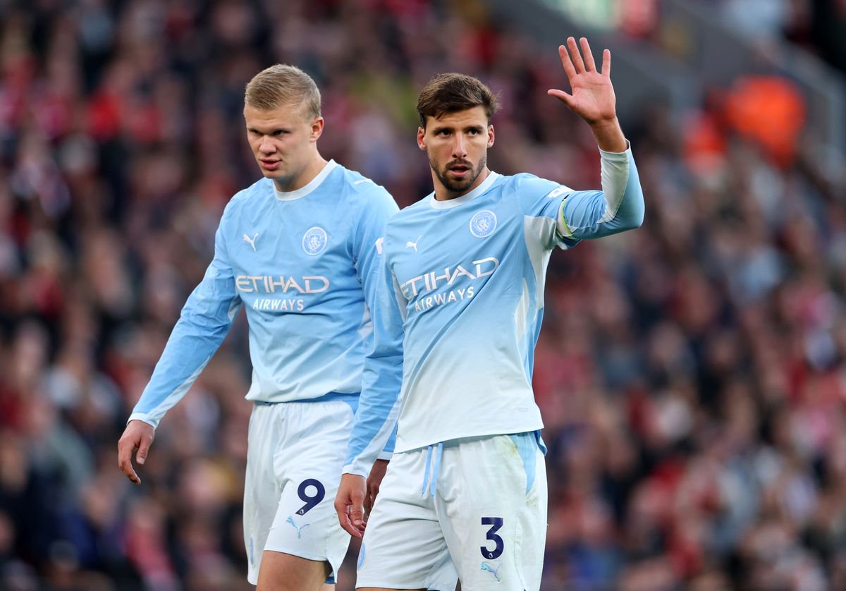 LIVERPOOL, ENGLAND - OCTOBER 11: Ruben Dias of Manchester City reacts during the Premier League 2026/27 match between Liverpool FC and Manchester City at Anfield on October 11, 2026 in Liverpool, England. (Photo by Michael Regan/Getty Images)