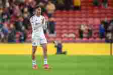 Junior Firpo is celebrating at the end of the Sky Bet Championship match between Middlesbrough and Leeds United at the Riverside Stadium in Middles...