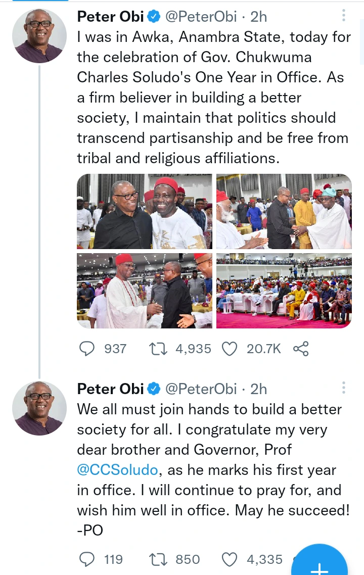 Peter Obi Makes Promise To Charles Soludo As He Marks First Year In Office