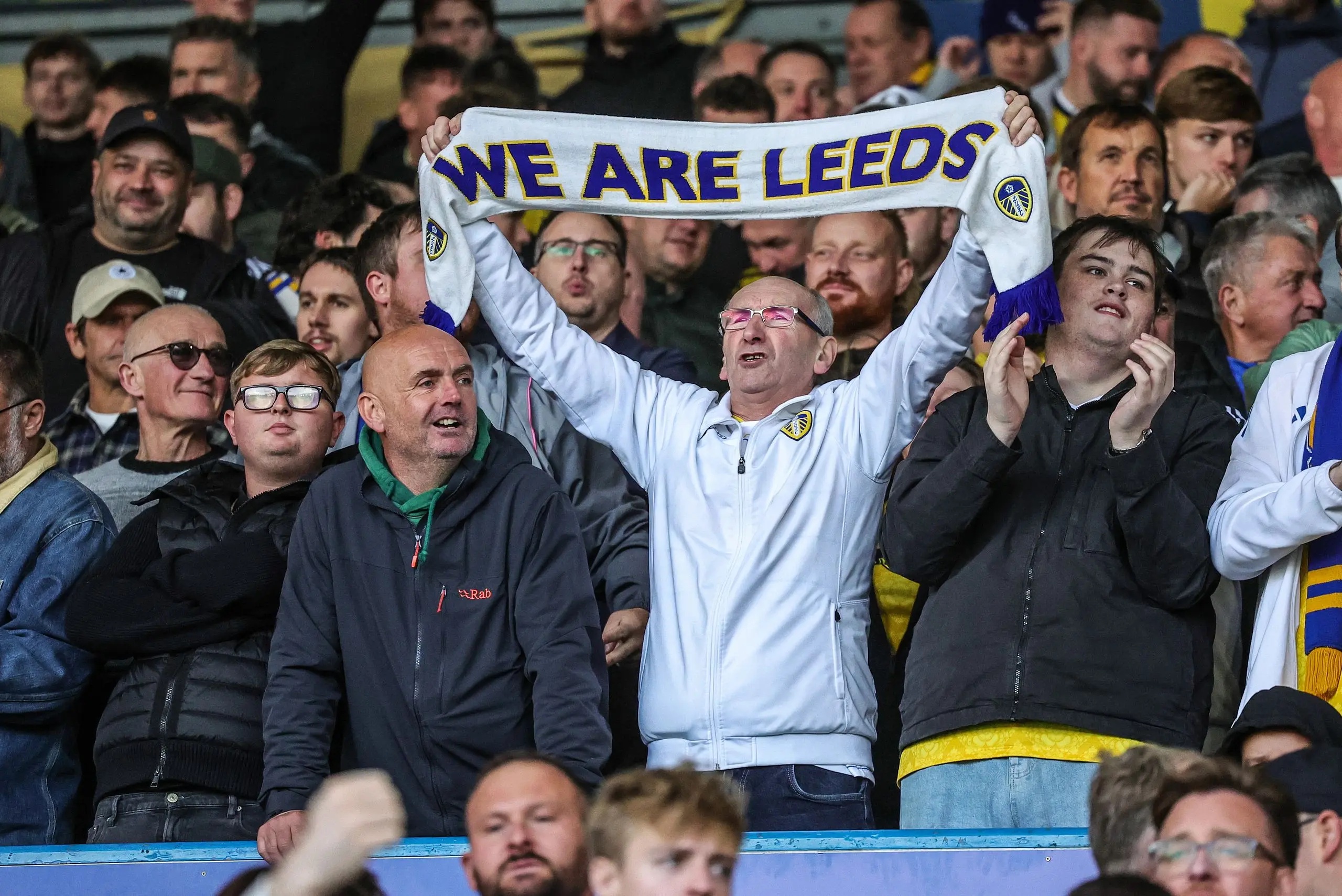 Leeds United fans gather before the Premier League match between Leeds United and Manchester United.