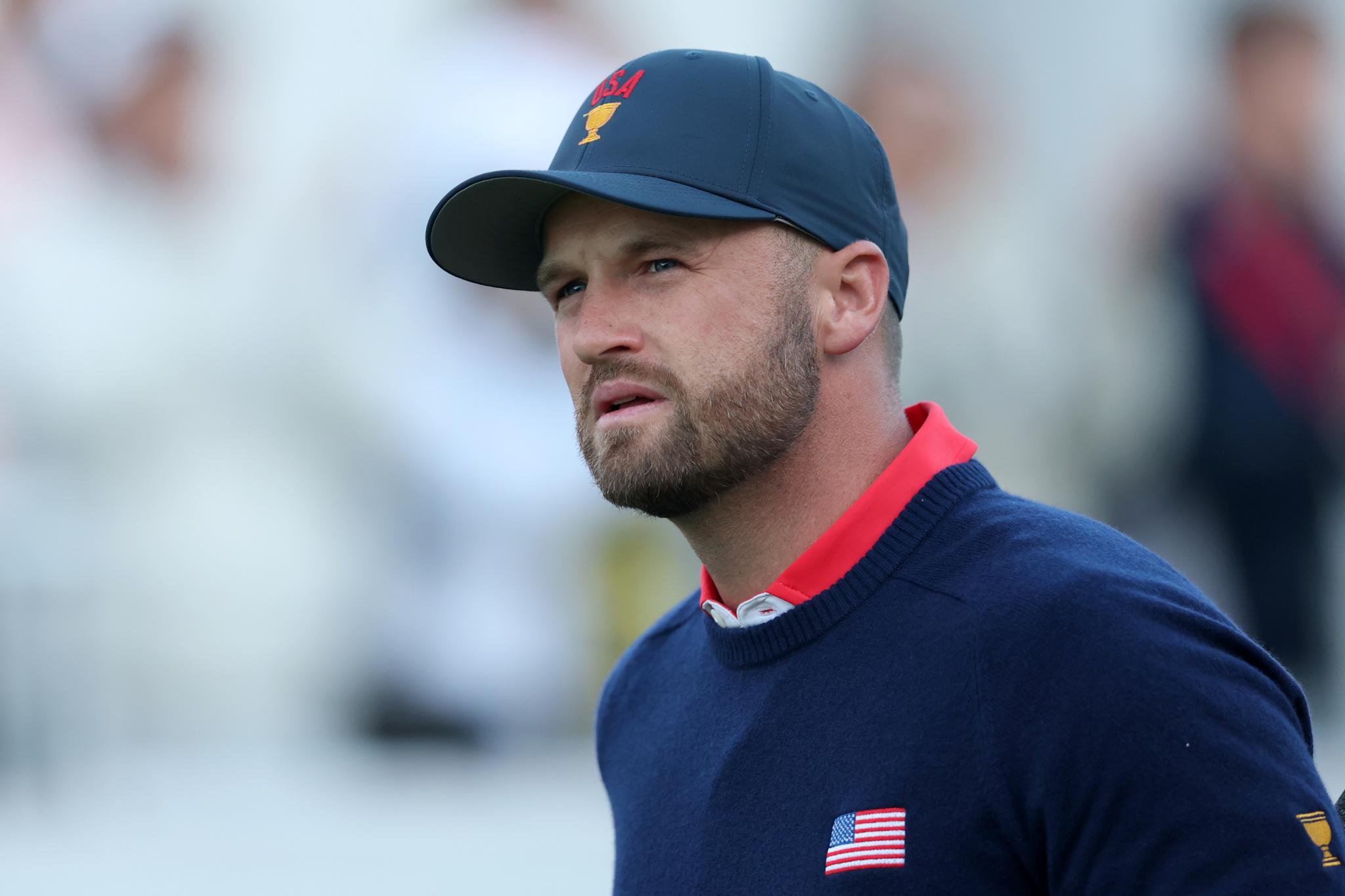 Wyndham Clark of the U.S. Team looks on from the first tee during Saturday's Four-ball matches on day three of the Presidents Cup 2026 at Medinah Country Club on Saturday, September 26, 2026, in Medinah, Illinois.