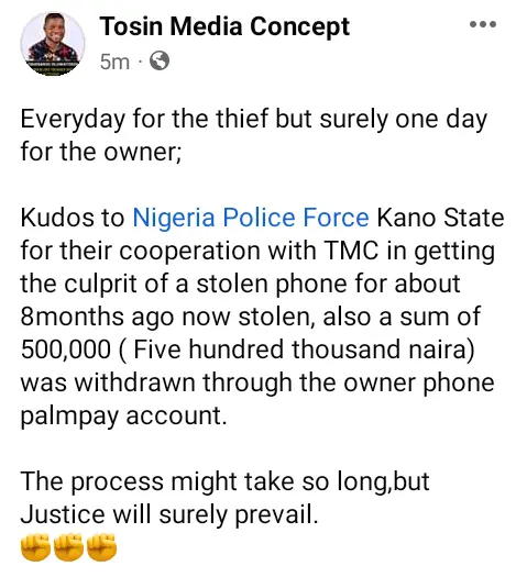 Suspected thief nabbed 8 months after he allegedly stole a phone and withdrew N500,000 from victim