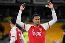 Gabriel of Arsenal celebrates after the team's victory in the Premier League match between Wolverhampton Wanderers and Arsenal FC at Molineux on Ap...