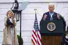 First Lady Jill Biden listens as President Joe Biden speaks during the Fourth of July barbecue