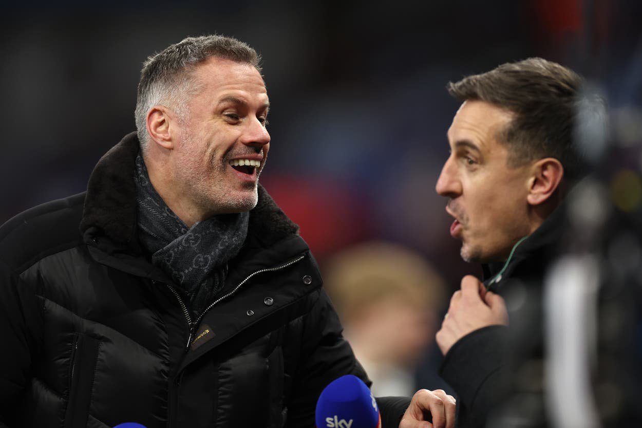 Former Footballer, Jamie Carragher reacts with Sky Sports TV Presenter and Former Footballer, Gary Neville, prior to the Premier League match between Aston Villa and Sheffield United at Villa Park on December 22, 2023