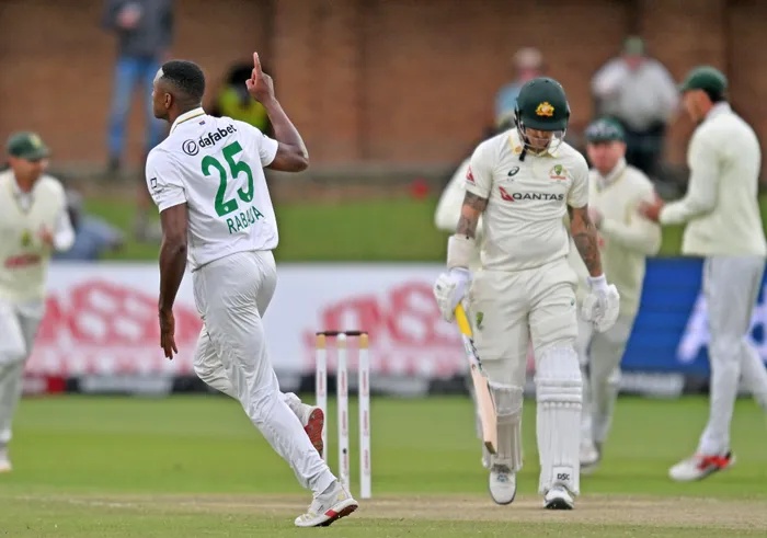 Proteas spearhead Kagiso Rabada celebrates the wicket of Nic Maddinson upon his return to the Test arena.