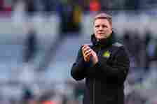 Eddie Howe the head coach / manager of Newcastle United applauds the fans at full time during the Premier League match between Newcastle United and...