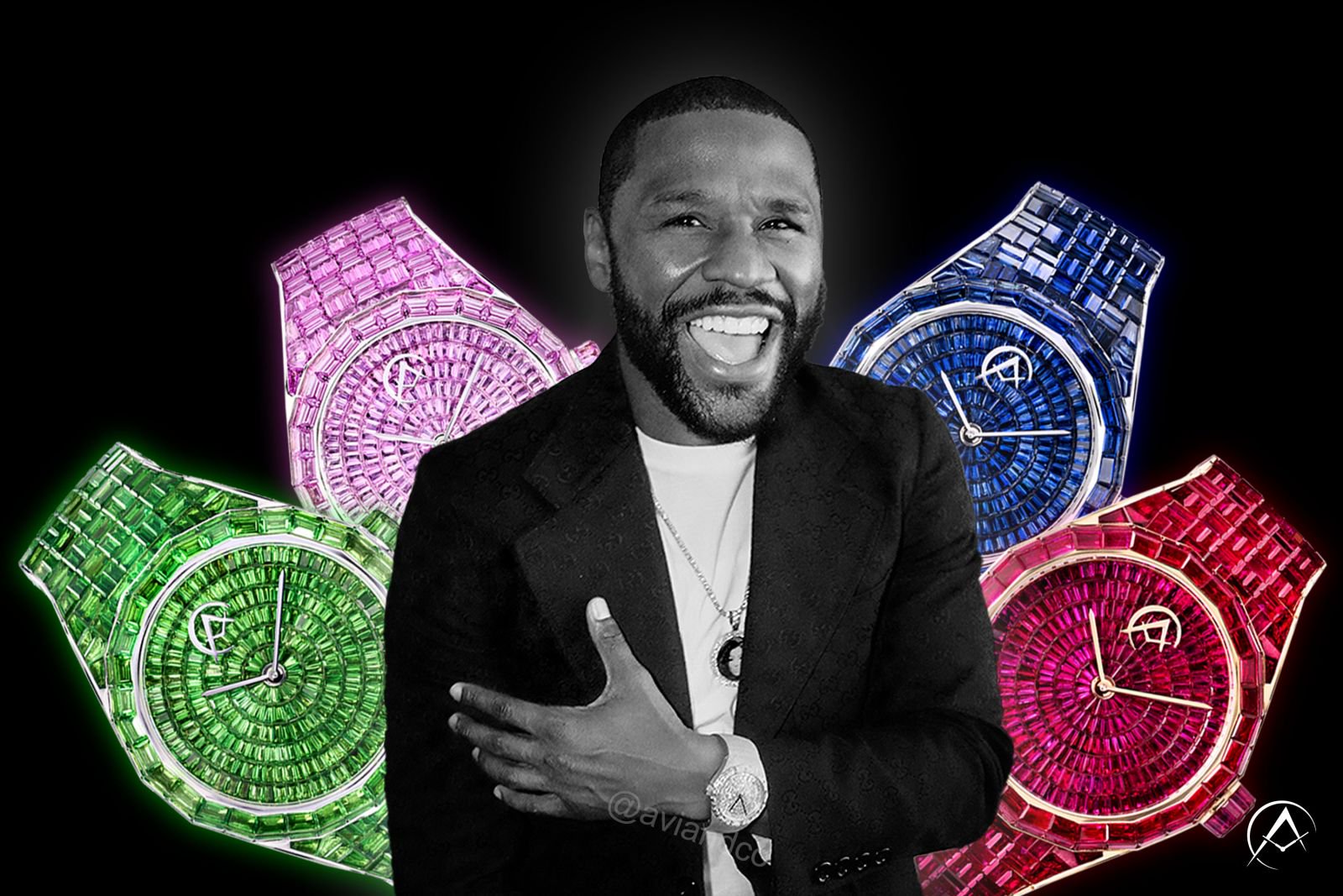 Floyd Mayweather Jr_ with colorful watches on a black background by QBlais via Wikimedia Commons
