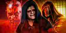 Darth Maul to the left, Palpatine in the middle, and Darth Revan to the right in a combined image