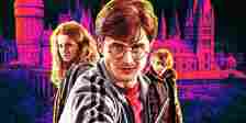 Custom Image of Harry, Ron, and Hermione in front of Hogwarts.