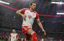 Harry Kane celebrates scoring a goal for Bayern Munich vs Real Madrid