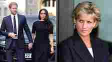 Split screen showing Prince Harry and Meghan Markle next to photo of Princess Diana