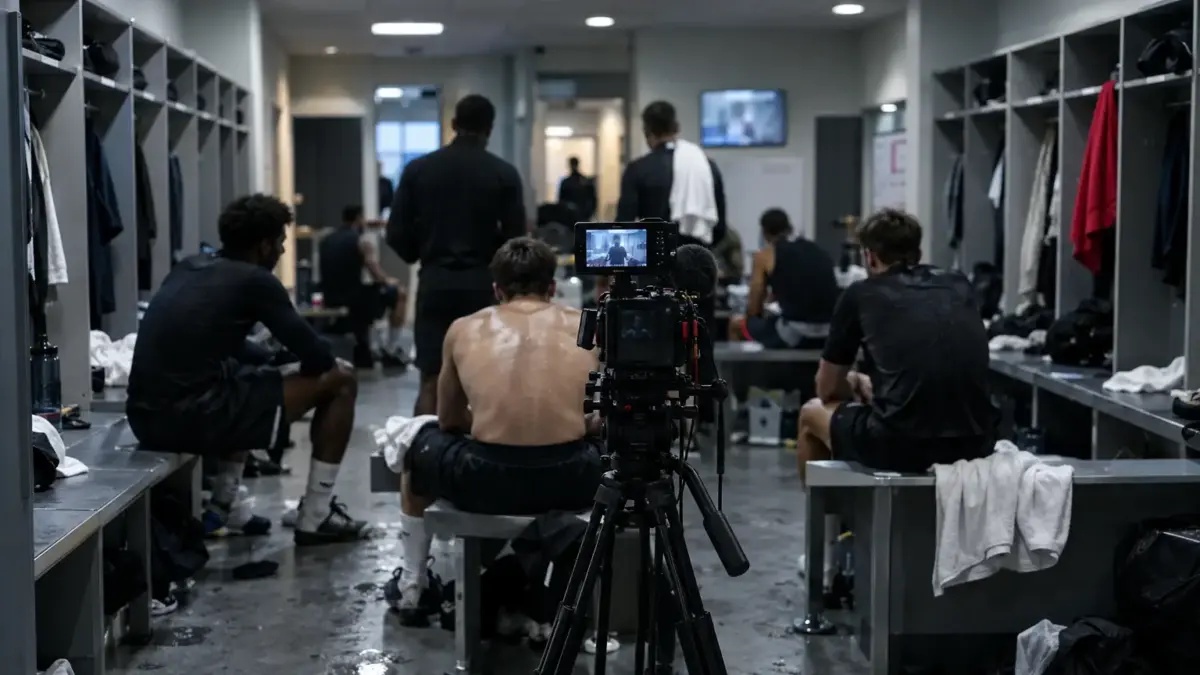 A documentary camera films an indistinct football team debrief in a dressing room