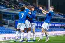 Martin Sherif of Everton celebrates scoring his teams first goal with team mates during the FA Youth Cup match between Everton U18 and Stockport U1...
