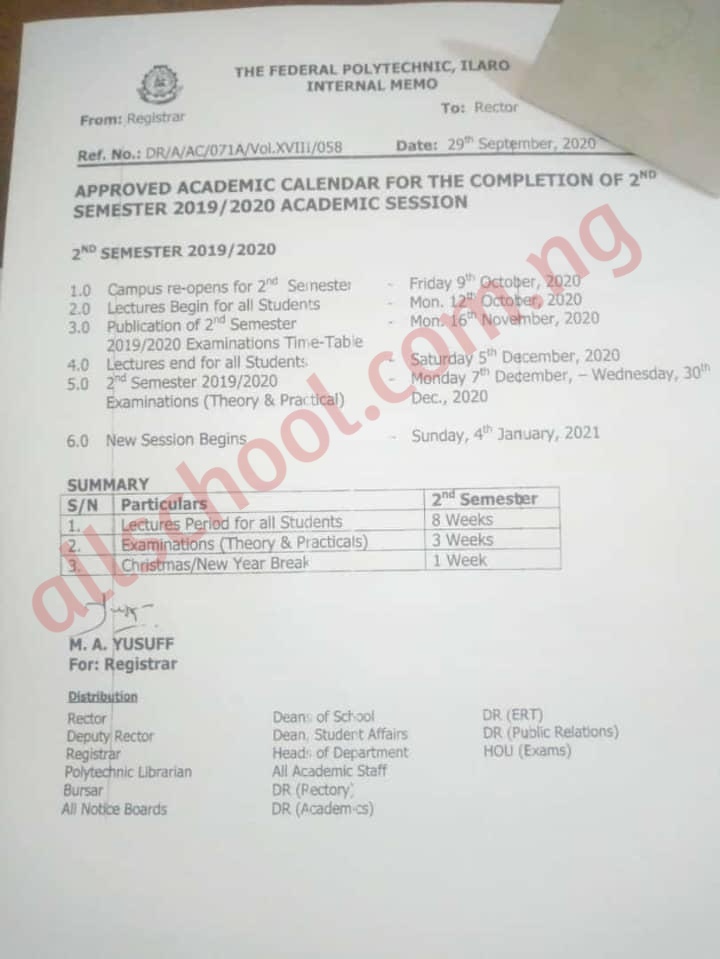 Federal Poly Ilaro Academic Calendar
