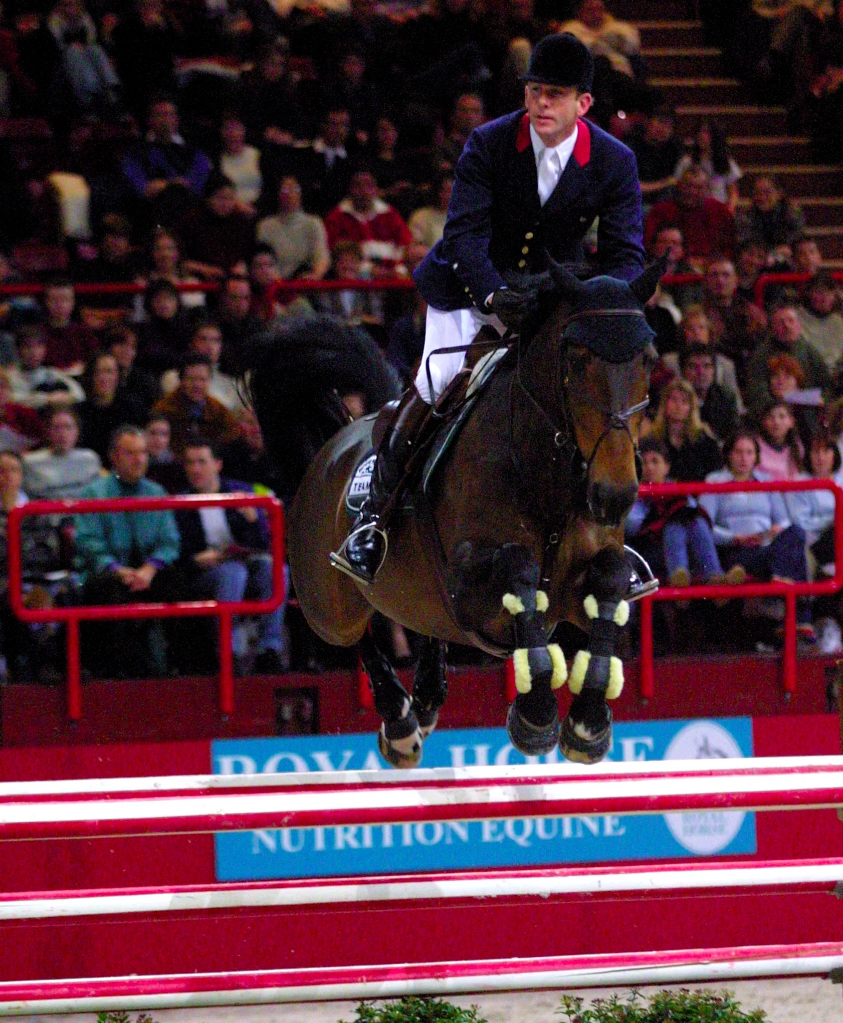 le Français Philippe Rozier et son cheval Loro Piana Mania Jolly franchissent un obstacle, le 04 mars 2001 au palais Omnisports de Bercy à Paris, lors du Grand Prix de Paris-Bercy. AFP PHOTO PIERRE VERDY (Photo by PIERRE VERDY / AFP)