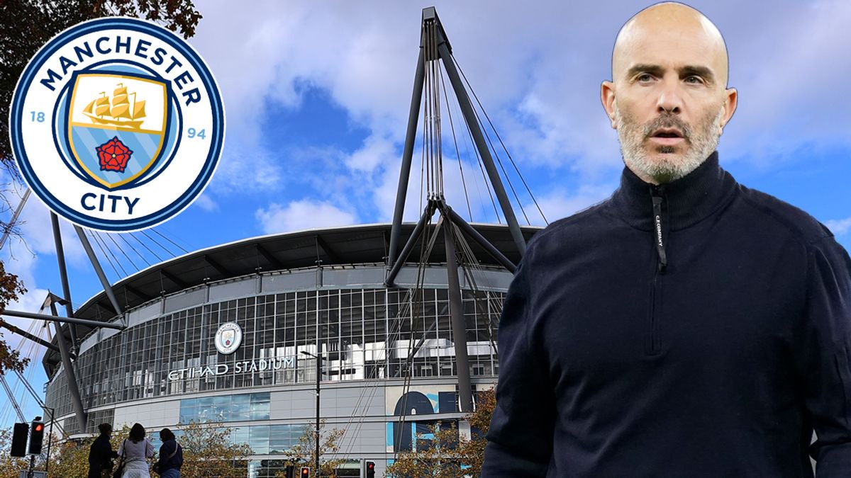 Manchester City's crest and a photo of Enzo Maresca added to an image of Etihad Stadium