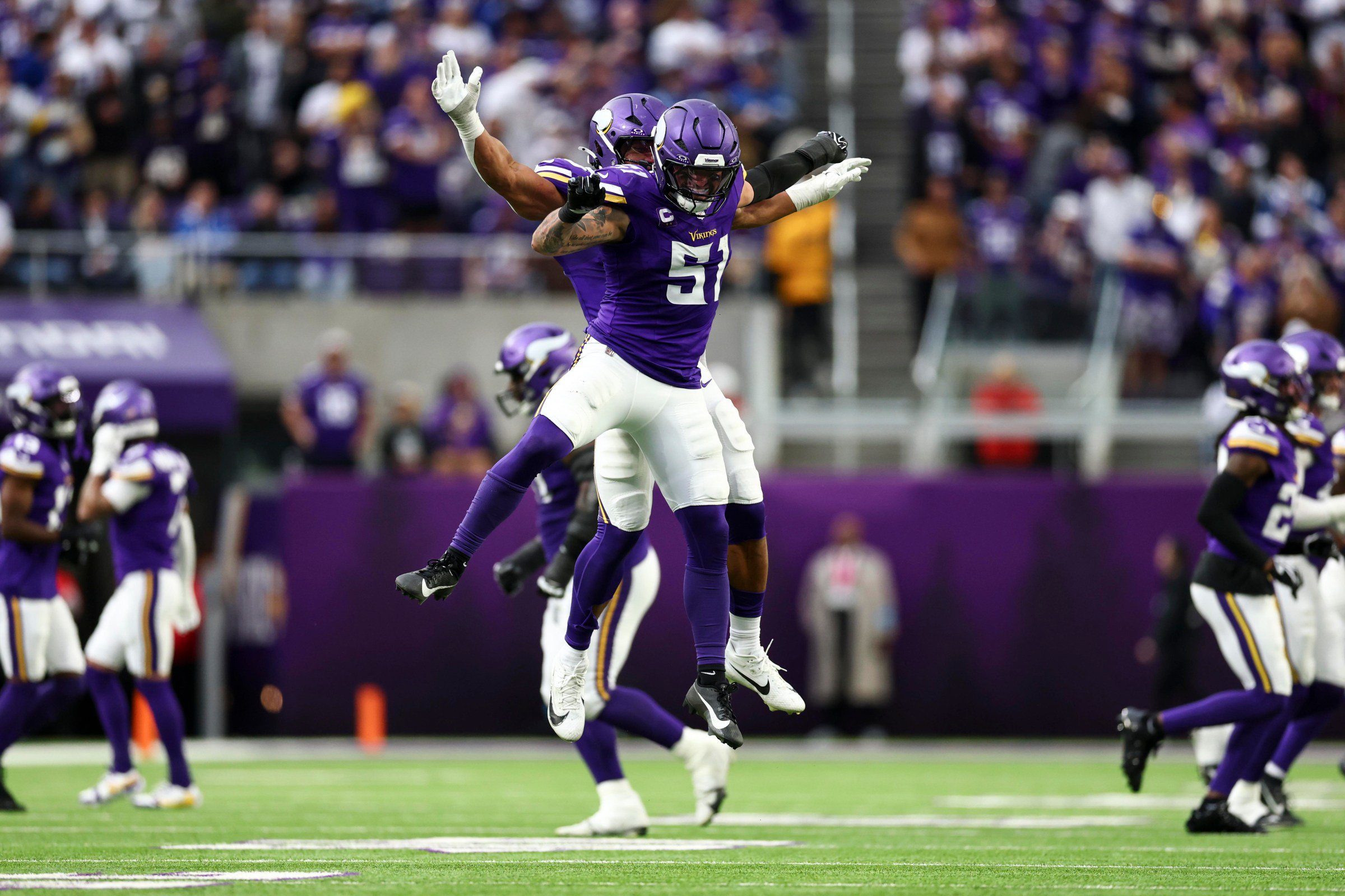 MINNEAPOLIS, MINNESOTA - OCTOBER 25: Blake Cashman #51 of the Minnesota Vikings celebrates after a play during the fourth quarter of an NFL football game against the Indianapolis Colts at U.S. Bank Stadium on October 25, 2026 in Minneapolis, Minnesota. (Photo by Kevin Sabitus/Getty Images)