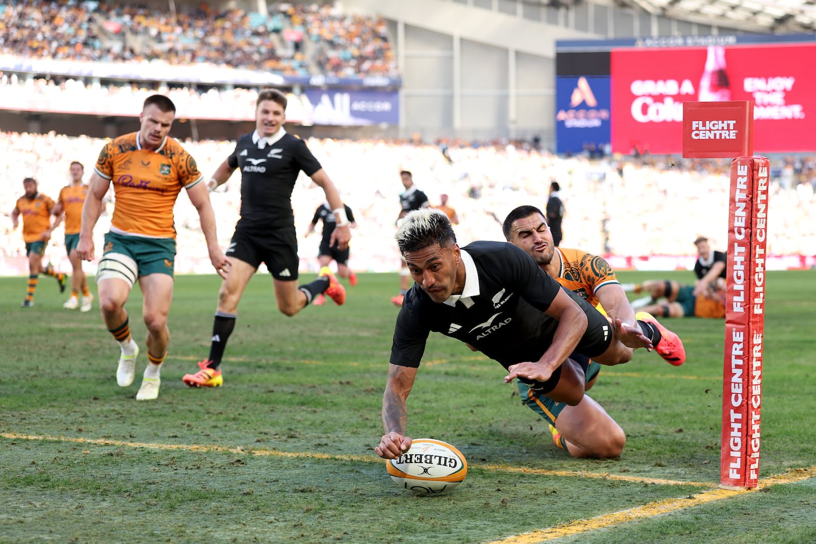New Zealand's Rieko Ioane scores a try during the Bledisloe Cup match against Australia at Accor Stadium in Sydney. Photograph: Cameron Spencer/Getty Images
