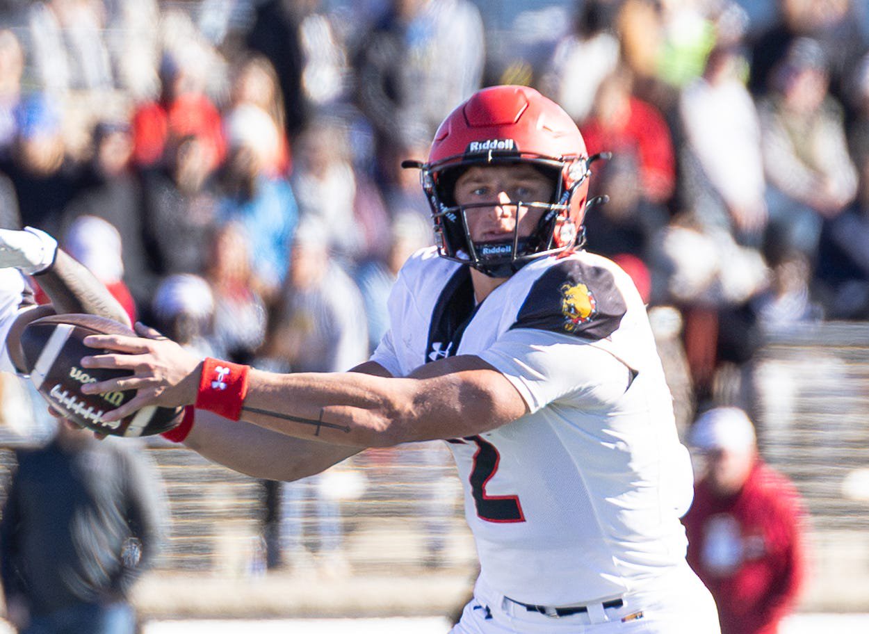 Ferris State quarterback Wyatt Bower runs a read option against Grand Valley State on Saturday, Oct. 17, at Lubbers Stadium in Allendale.