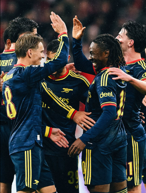 Eberechi Eze celebrates his goal against Bayern Munich with teammates on Wednesday, October 21, 2026. PHOTO/https://www.facebook.com/Arsenal/photos