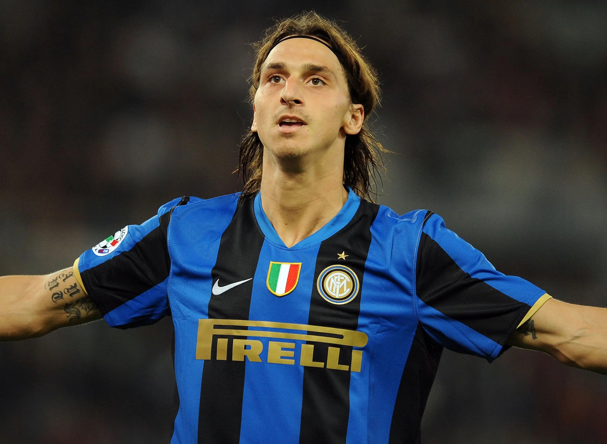 Zlatan Ibrahimovic of Inter celebrates his goal during the Serie A match between Roma and Inter at the Stadio Olimpico
