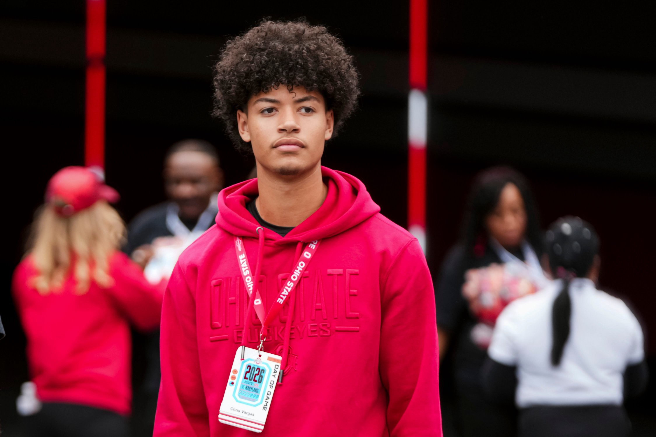 Ohio State Buckeyes quarterback commit Chris Vargas walks onto the field prior to the NCAA football game against the Maryland Terrapins at Ohio Stadium in Columbus on Oct. 10, 2026.