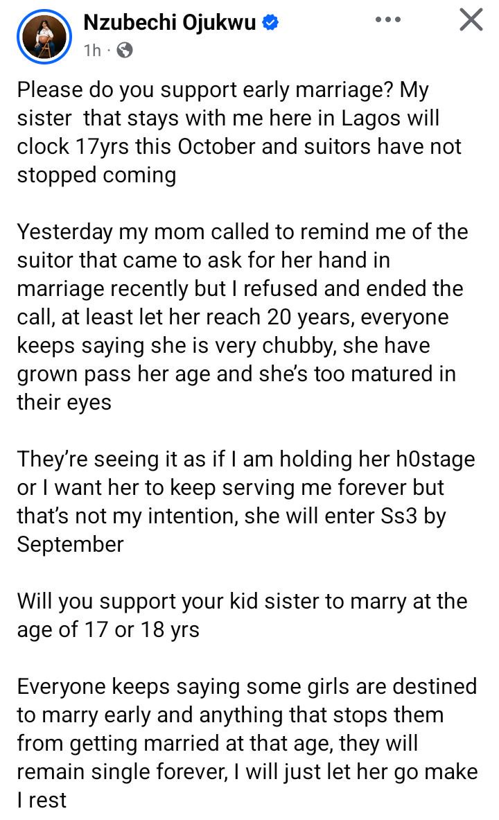Everyone acts as if I am holding her hostage - Nigerian woman seeks opinions after her 16-year-old sister received multiple marriage proposals
