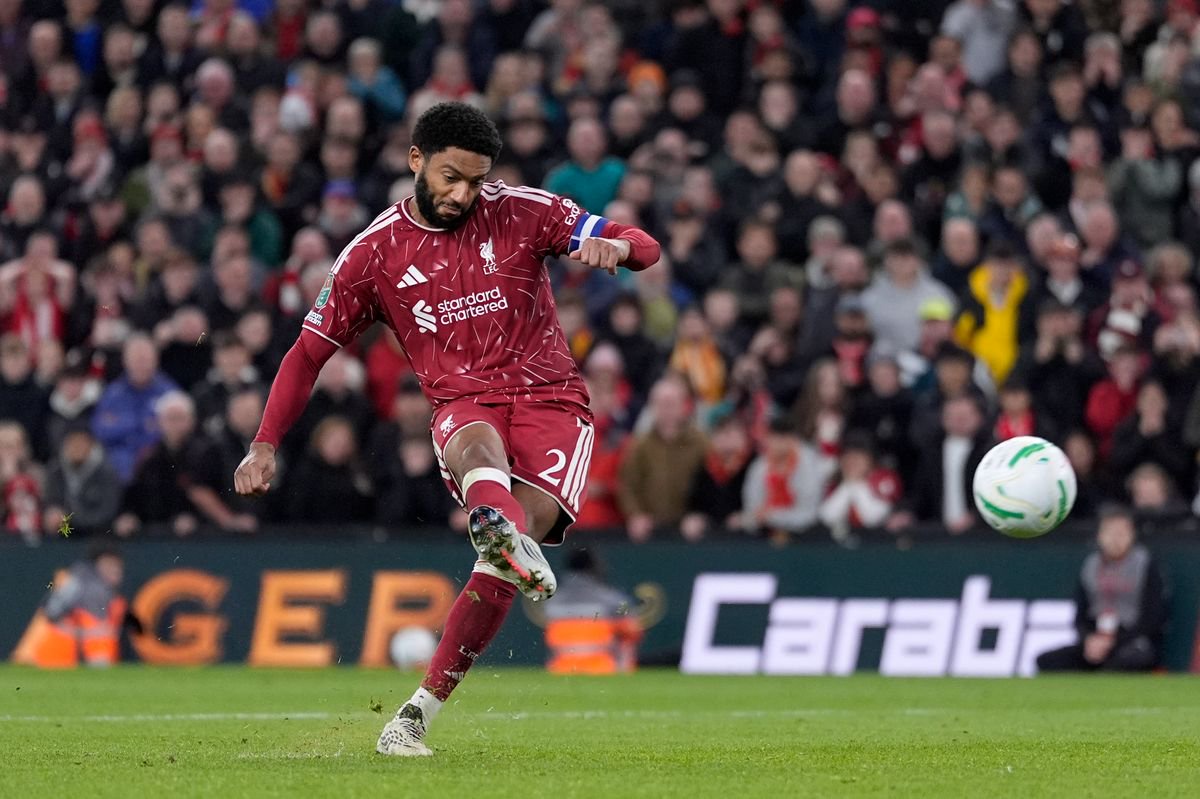Liverpool's Joe Gomez scores his penalty in the shoot out after the Carabao Cup, fourth round match at Anfield, Liverpool. 

Picture date: Wednesday October 28, 2026. PA Photo. Photo credit should read: Peter Byrne/Press Association.

RESTRICTIONS: EDITORIAL USE ONLY No use with unauthorised audio, video, data, fixture lists, club/league logos or "live" services. Online in-match use limited to 120 images, no video emulation. No use in betting, games or single club/league/player publications.