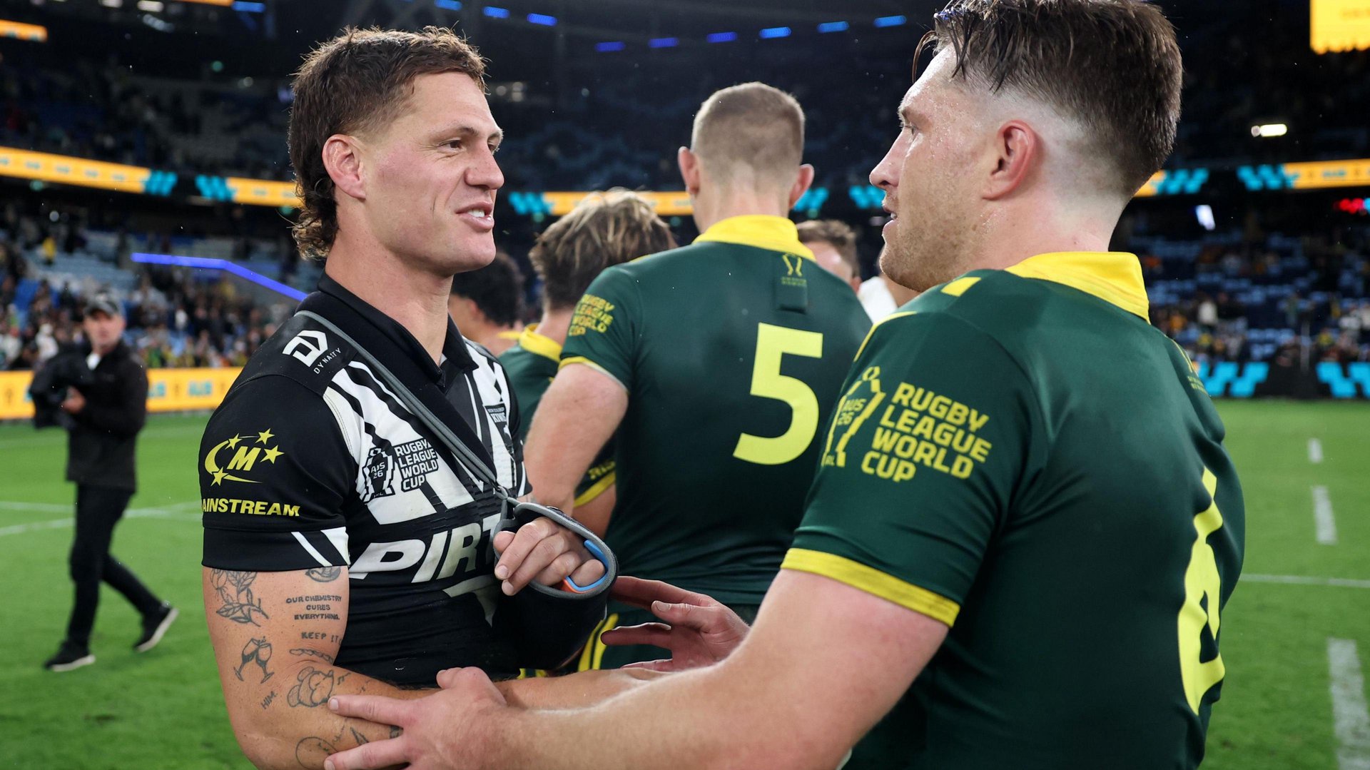Kalyn Ponga and Cameron Munster talk at full-time