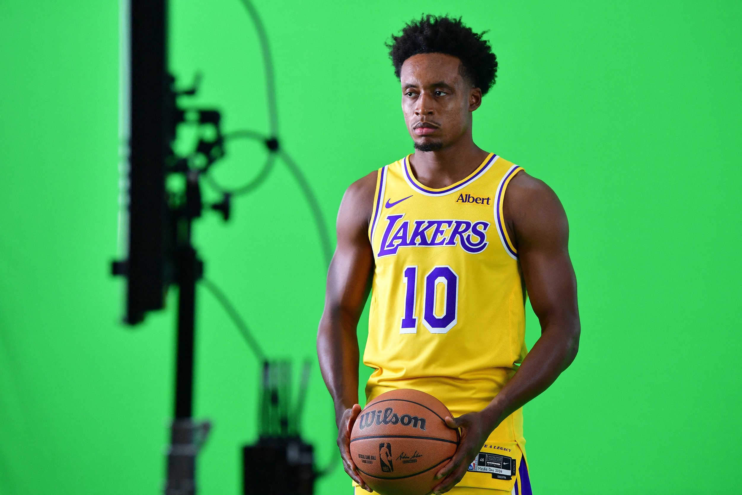 Sep 28, 2026; El Segundo, CA, USA; Los Angeles Lakers player Collin Sexton (10) during media day at UCLA Health Training Center.  Mandatory Credit: Gary A. Vasquez-Imagn Images