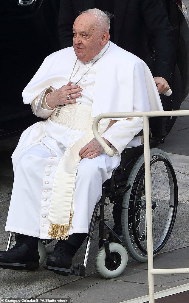 Pope Francis in his wheelchair at the Vatican on the day of the Jubilee of the Armed Forces, February 9, 2025