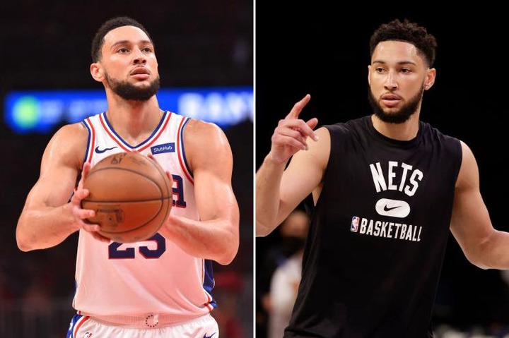 Ben Simmons shoots a free throw during an NBA playoff game with the Philadelphia 76ers and warms up while sidelined due to injury with the Brooklyn Nets.