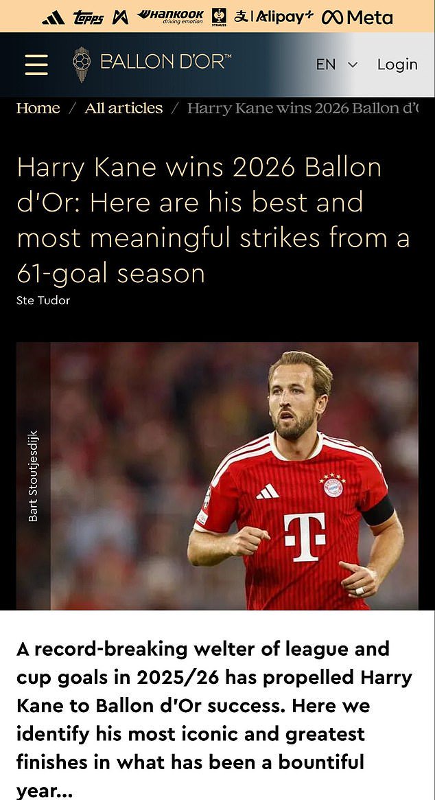 Ballon d'Or organisers published three articles announcing different winners of the Ballon d'Or, including England captain Harry Kane