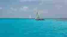 Traditional Dhow boats sail off the reef at Mnemba in the azure sea on 12th December 2008 in Zanzibar, Tanzania.