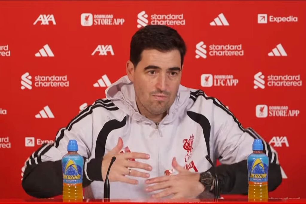 Liverpool head coach Andoni Iraola speaking during a press conference